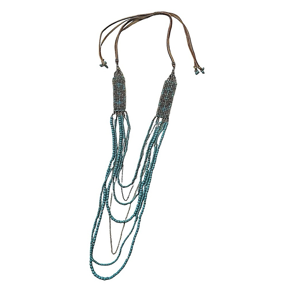 Southwest Faux Turquoise Bead, Gold Bead & Rawhide Leather Adjustable Necklace